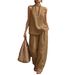 Plus Size Women's Halter Neck V-Neck Two-Piece Set Cotton Linen Blend Office Casual Outfit_ecoleips.com