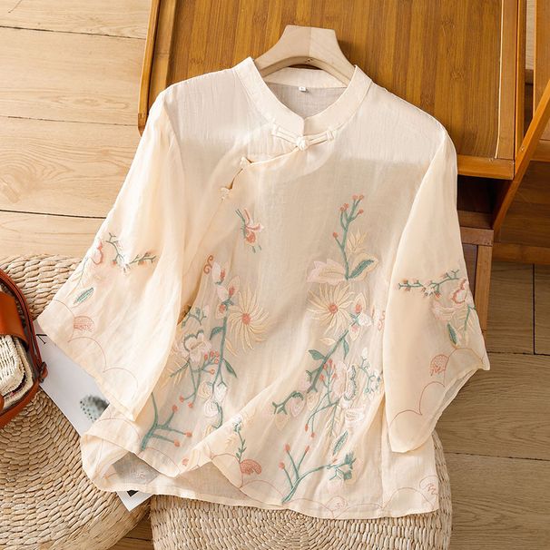 Spring/Summer Heavy-Duty Embroidered Shirt For Women, Featuring A New Chinese-Style Design With A Vertical Collar, Diago_ecoleips.com