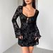 European And American Cross-border 2026 Autumn Dress New Style Flocked Long-sleeve Floral Hollow Bow Women's_ecoleips.com