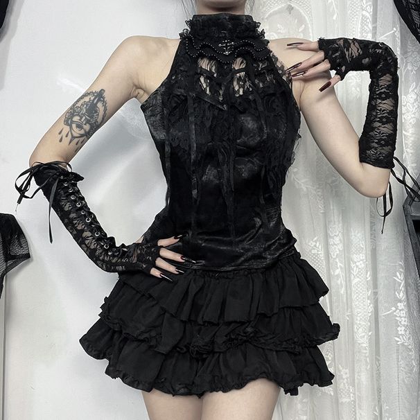 Women's Gothic Pleated Rose Suspender Top Streetwear Versatile Spiderweb Bow Tie Autumn New Style XS24216_ecoleips.com