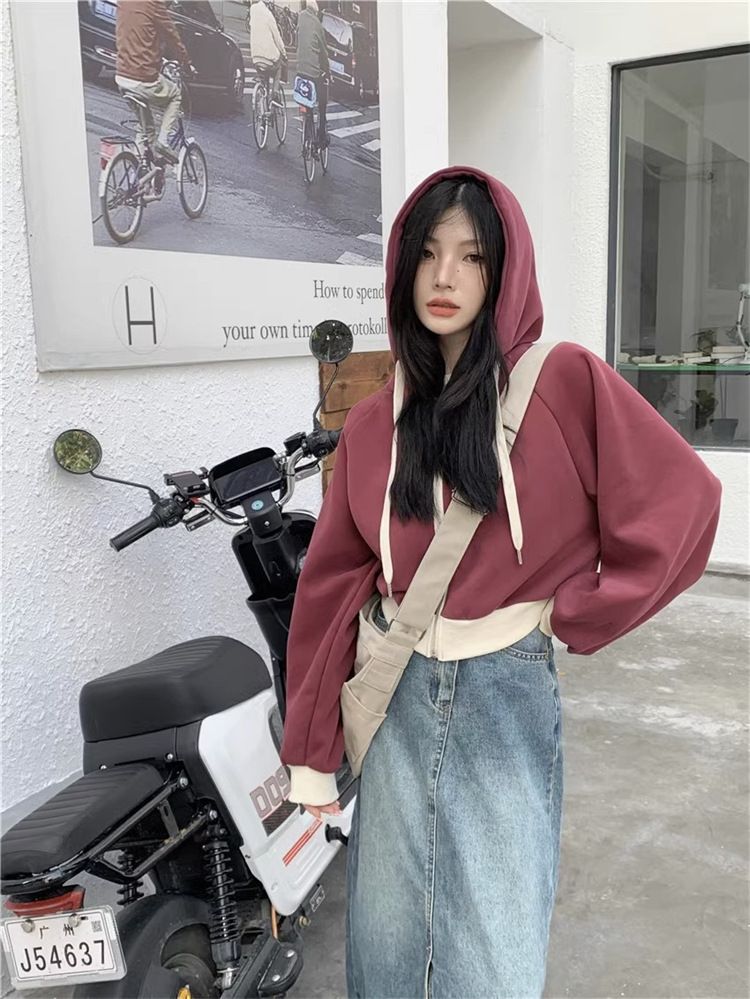 European And American Style Color-blocked Hooded Sweatshirt Women, Autumn Loose-fitting Slim-fit Short Zip-up Cardigan_ecoleips.com