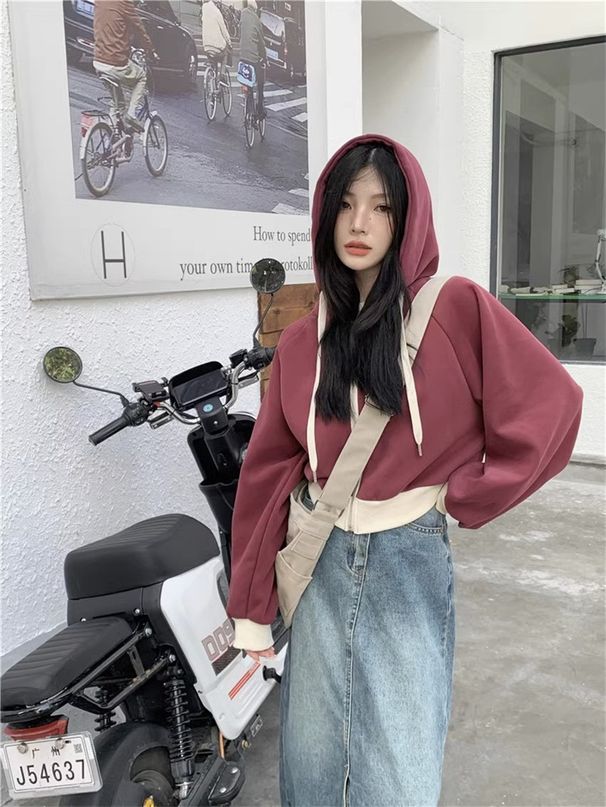 European And American Style Color-blocked Hooded Sweatshirt Women, Autumn Loose-fitting Slim-fit Short Zip-up Cardigan_ecoleips.com