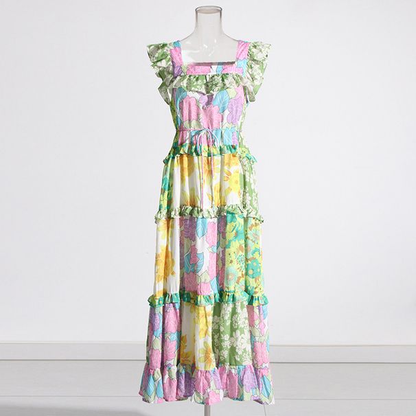 Women's Clothing Retro New Square Neck Wood Ear Sling Mid Waist Printed Mid Length Dress_ecoleips.com