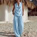 Women's Elegant Two-Piece Set Sleeveless Collared Top And Loose Trousers_ecoleips.com