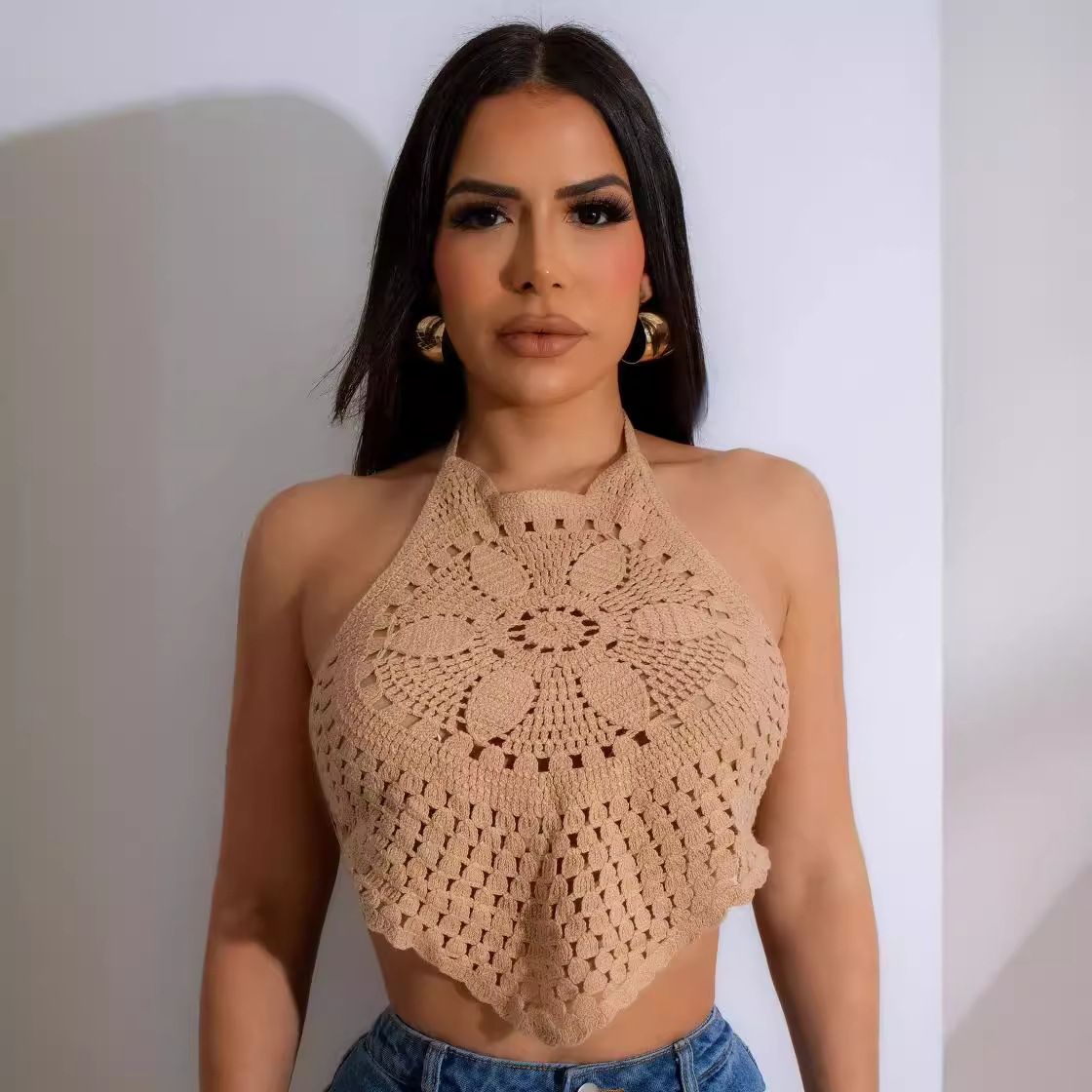Women's Clothing Strap Halter Neck Crocheted Hollow Vacation Beach Top_ecoleips.com