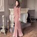Elegant Spring Long Sleeve Maxi Dress With Pleated Skirt - Flattering Slim Fit For Women, Soft Polyester-Cotton Blend, Round Neck, Mid Waist, Pure_ecoleips.com