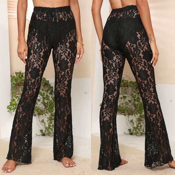 Sheer Floral Lace Pants For Women – Sexy High-Slit Bell Bottom Palazzo Pants (Black, S-Xl) Versatile Styling_ecoleips.com