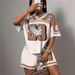 Women's Clothing Fashion Retro Street Print Loose Casual V Neck Short Sleeved Top Shorts Sports Suit_ecoleips.com