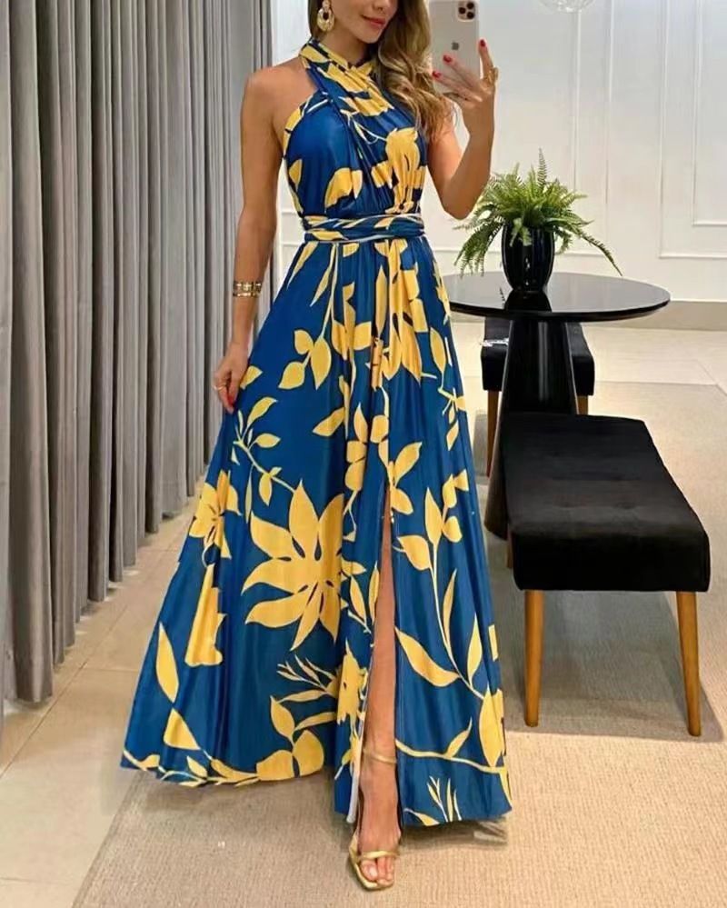 Summer New Women's Sexy Backless One Shoulder Sleeveless Printed Long Dress_ecoleips.com