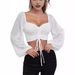 Women's Clothing New V neck Chiffon Drawstring Lantern Sleeve Tight Fashion Sexy Shirt Tops_ecoleips.com