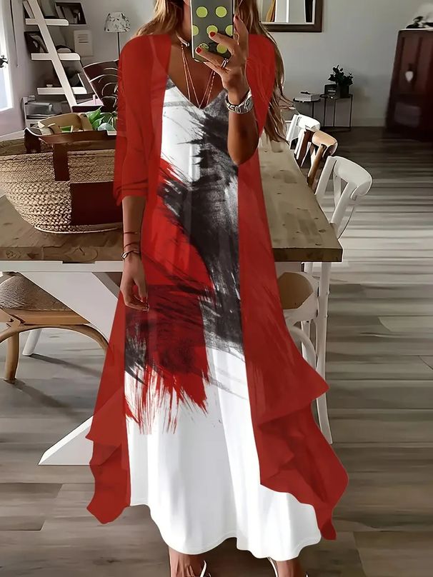 Summer Long-Sleeved Loose-Fitting Floral Totem Two-Piece Dress Set_ecoleips.com