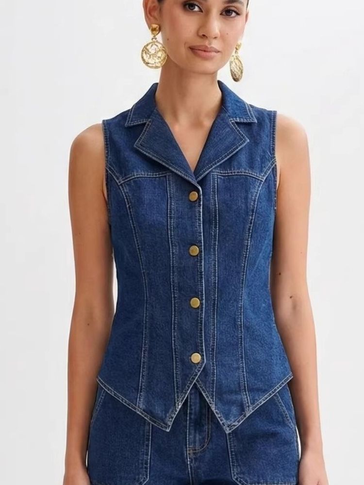 K New High Waisted Slim Fit Fashionable Sleeveless Denim Vest Wide Leg Pants Set For Women_ecoleips.com