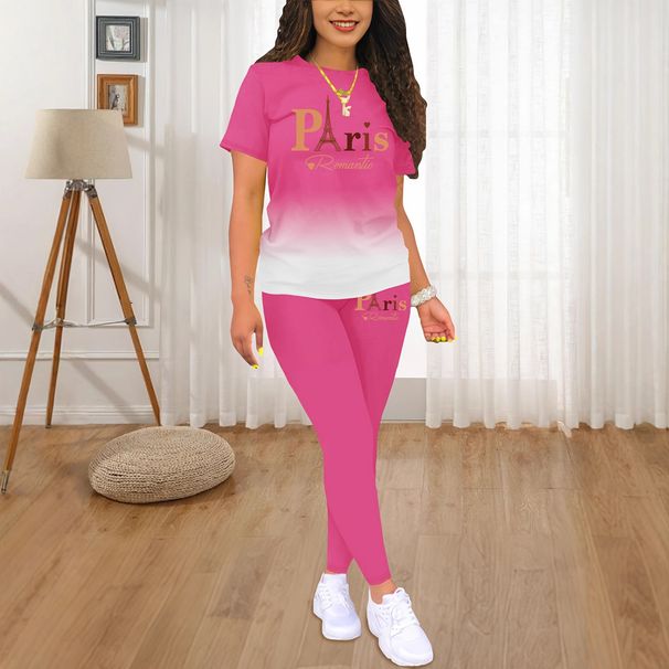 Women's Clothing Summer New Gradient Letter Print Suit Round Neck Short Sleeve T Shirt And Pants Sports Suit Casual Comfortable Fashion_ecoleips.com