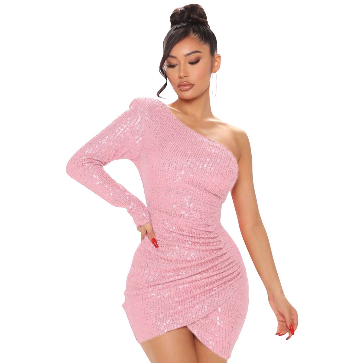 Sexy One-Shoulder Sequin Party Dress For Women - Glamorous Bodycon Midi Dress With Asymmetrical Hemline (Pink/Blue, S/M/L/Xl/Xxl)_ecoleips.com