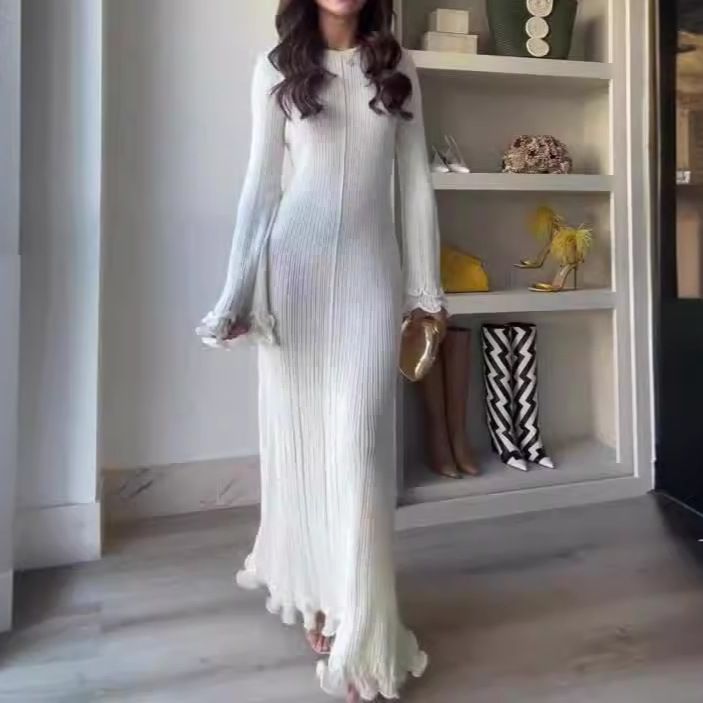 Women's Clothing solid color gentle style round neck trumpet sleeve slim and elegant dress_ecoleips.com
