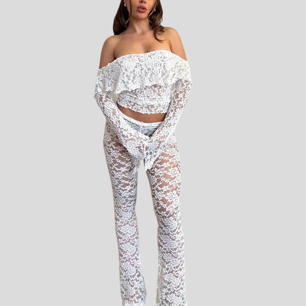 S32193 Cross-Border European And American New Sexy Hollow See-Through Flared Long Pants Fashion Lace Top Set For Women_ecoleips.com