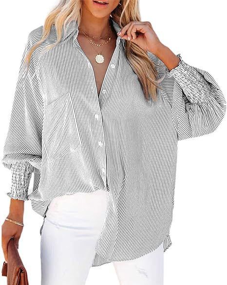 European And American Cross-border Striped Long-sleeve Loose Casual Women's New Pocket Shirt Top_ecoleips.com