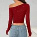 Women's Glitter Off-Shoulder Top Asymmetrical Long Sleeve Stretchy Knitted Fit Sexy Party Wear_ecoleips.com