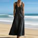 Summer Casual Sleeveless Pocket Long Dress Fashion Button Hight Street Loose Party Dresses Elegant V-neck Adjustable Denim Dress_ecoleips.com