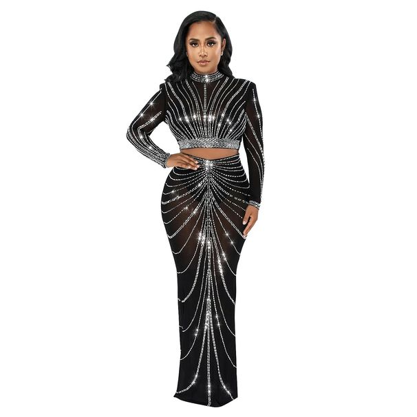 Women's Clothing Mesh Mesh See Through Long Sleeved Long Skirt Two Piece Set_ecoleips.com