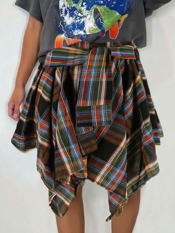 Women's Fashion Plaid Print Asymmetrical Hem High Waisted Skirt, Summer Clothes Women Casual Elastic Waist Tiered Layer Knee Len_ecoleips.com