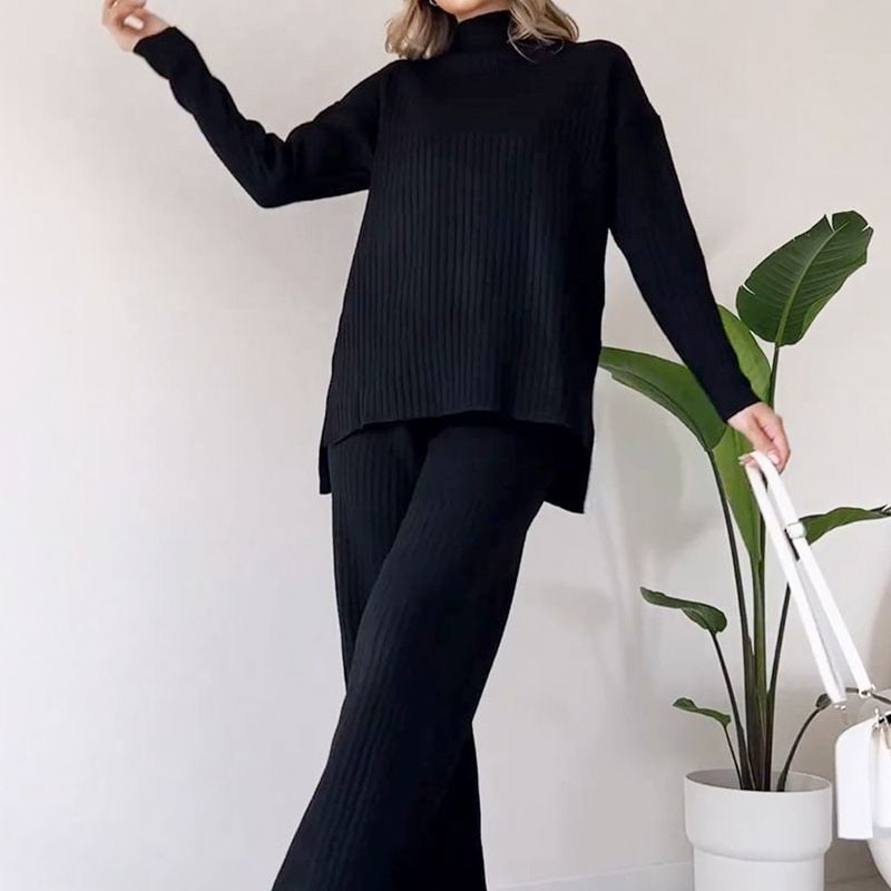 Cross-Border Two-Piece For Women New Fashion Casual Straight-Leg Pants Elegant Loose High-Neck Ribbed Knit Set_ecoleips.com