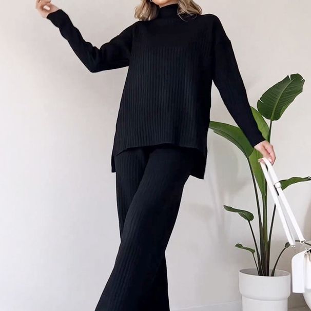 Cross-Border Two-Piece For Women New Fashion Casual Straight-Leg Pants Elegant Loose High-Neck Ribbed Knit Set_ecoleips.com
