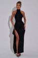 Women's Clothing Summer New Fashion Temperament Pure Color Fine Flash Sexy Large Backless Side Slit Off Shoulder Halter Neck Dress Women_ecoleips.com
