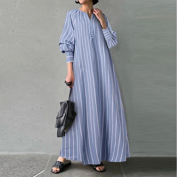 Women's Clothing Art Style Cotton And Linen Striped Round Neck Long Sleeve Pocket Simple Loose Long Pullover Dress_ecoleips.com