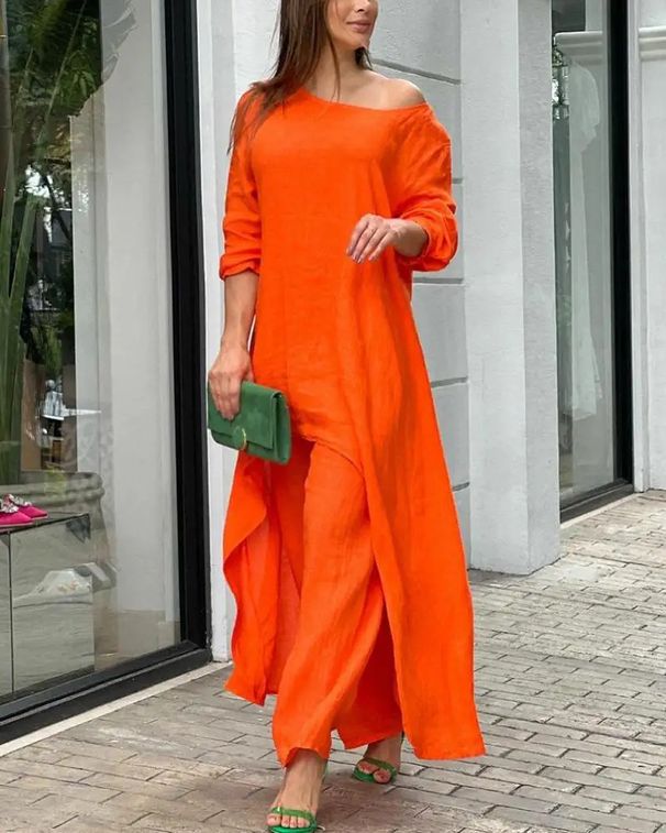 Women's Cotton Linen Two Piece Suit Large Size Irregular Long Sleeve Top Wide Leg Pants Casual Fashion_ecoleips.com