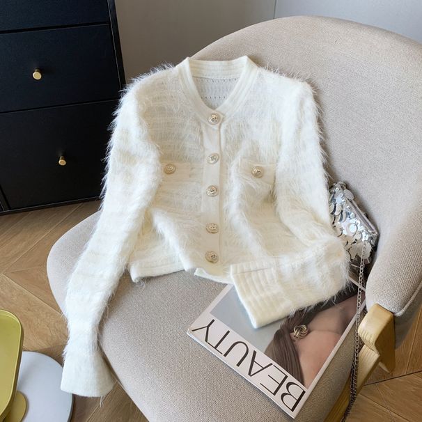 Faux Mink Knit Cardigan - Winter Cozy Long Sleeve Sweater Coat, Sweet Design With Thickened Fabric, Short Length, Solid Color, Office To Casual_ecoleips.com