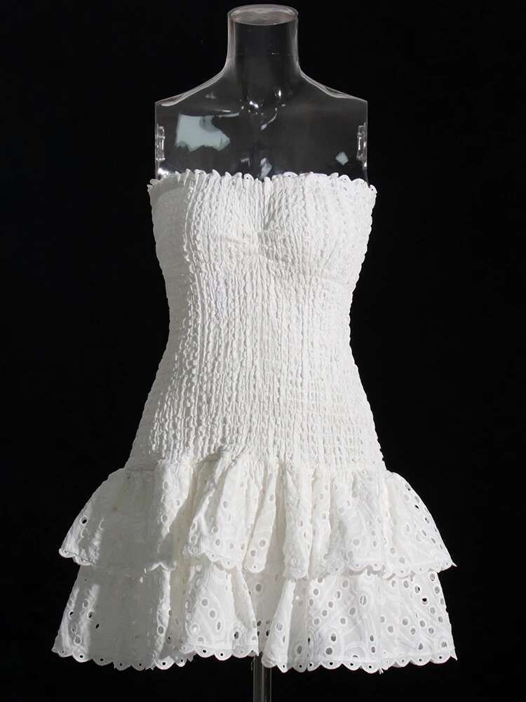 Cut Out Layered Hem Sexy Dress Elegant For Women Strapless Sleeveless Off Shoulder High Waist Mini Dresses Female Clothing P4SW_ecoleips.com