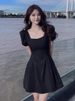 Elegant Hepburn Style Little Black Dress For Women, Summer New French Retro Square Neck Puff Sleeve Waist-Cinching_ecoleips.com