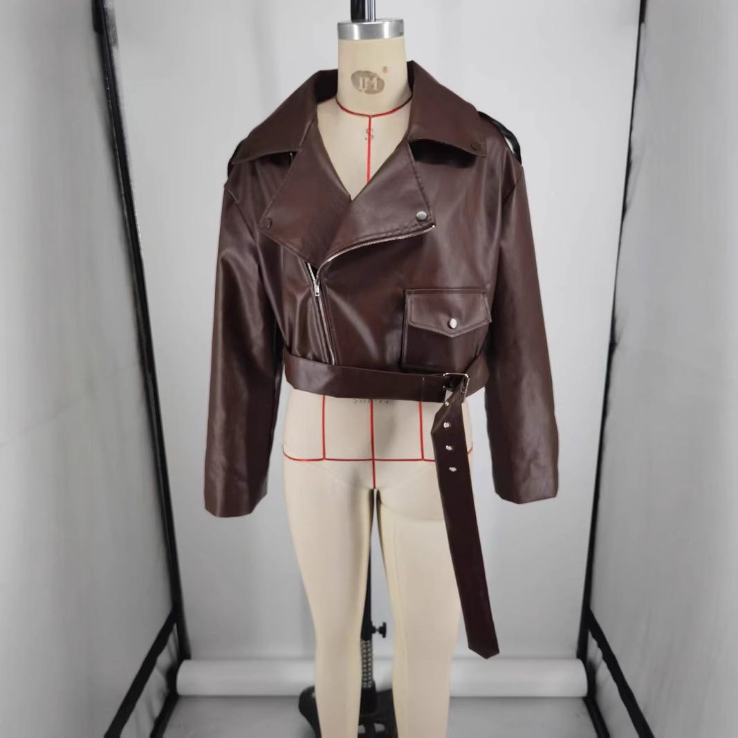 "Designer Cropped PU Leather Jacket For Women - Retro Notch Lapel With Adjustable Belt, Wrinkle-Resistant Faux Leather Coat, Street Style Essential_ecoleips.com