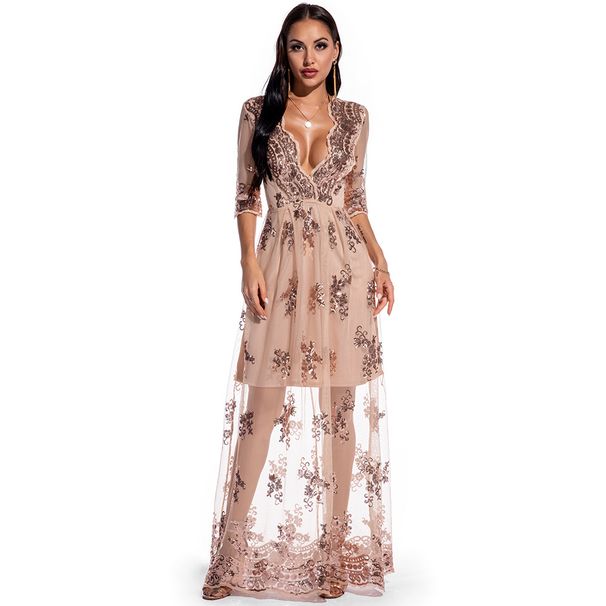 Glam Sequin Maxi Dress - V-Neck Disco Retro Evening Gown With Floral Embroidery (S-XL)_ecoleips.com