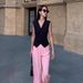 Vintage V-Neck Sleeveless Vest Women's Black Waist-Cinching Layering Top – Streetwear Chic, Summer Staple_ecoleips.com