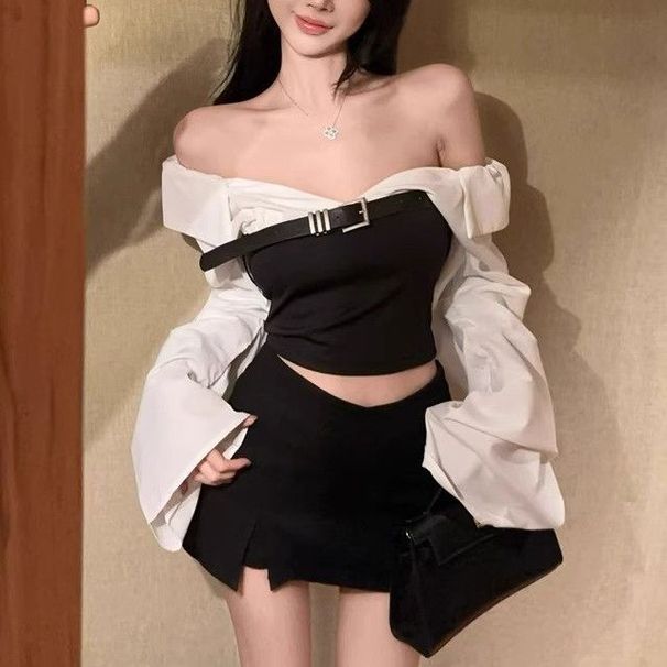Purely Alluring Color-blocking Elegant Suit, Fashionable Waist-cinching Slimming Shirt Strapless Top, Korean-style_ecoleips.com