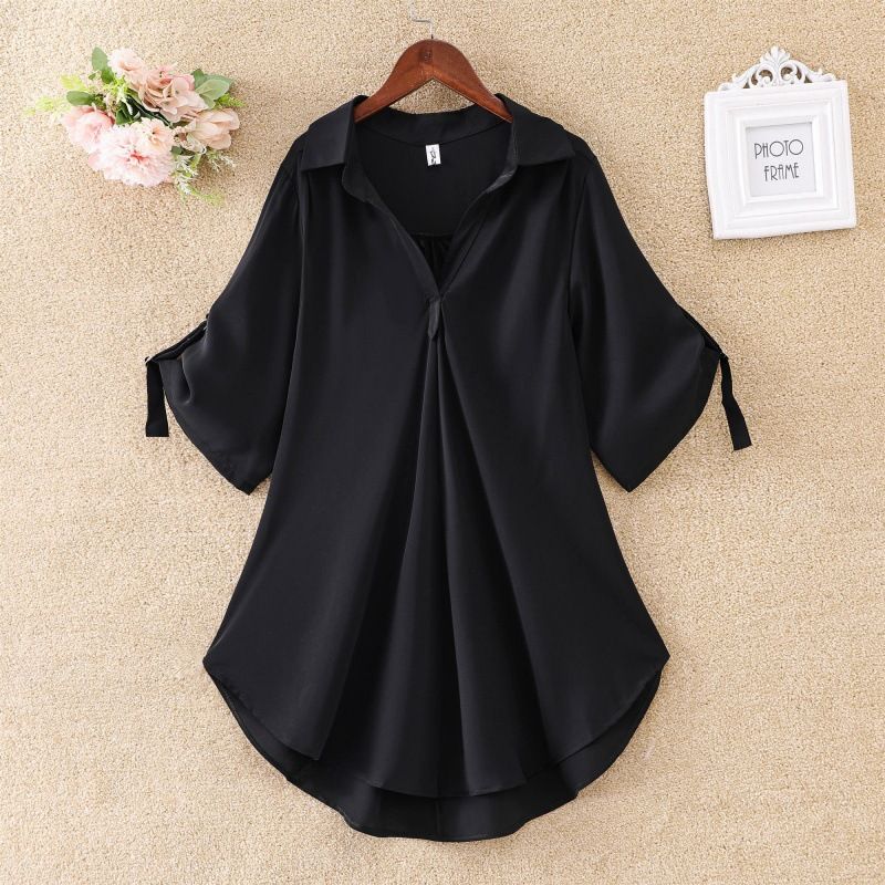 Women's Clothing Mid-Length Chiffon Blouse Plus Size Short Sleeved Loose Fit Slimming Top With Waist Cinching Trendy Style For Summer_ecoleips.com