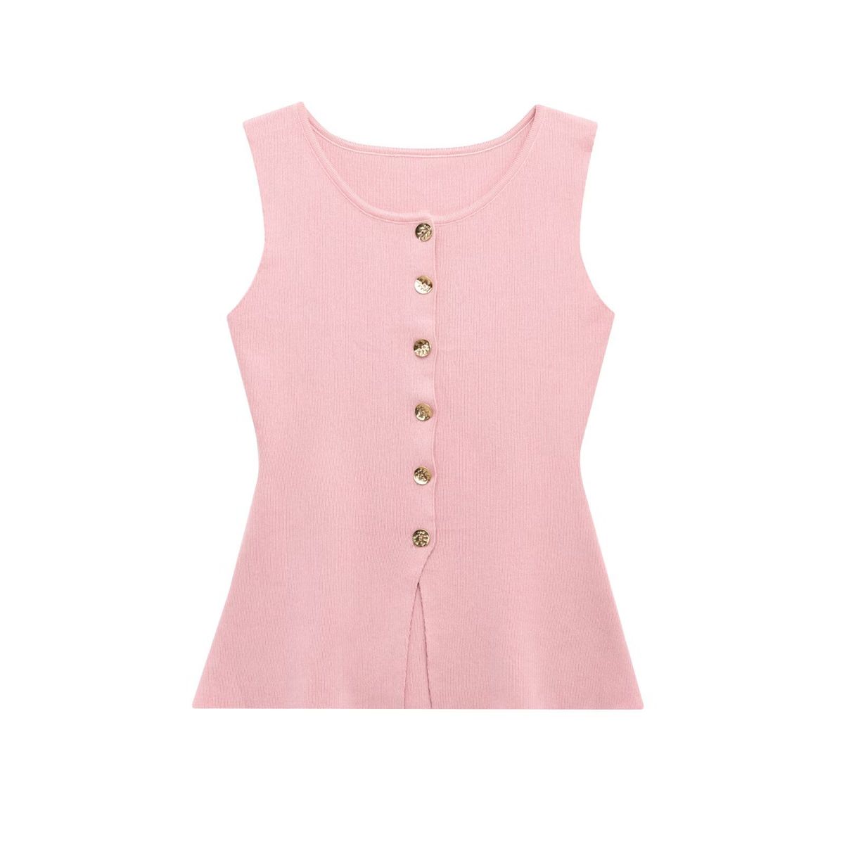 Autumn Gold Button Slim Knit Vest For Women – Streetwear Chic, Stretch Polyester, V-Neck Sleeveless Jacket_ecoleips.com