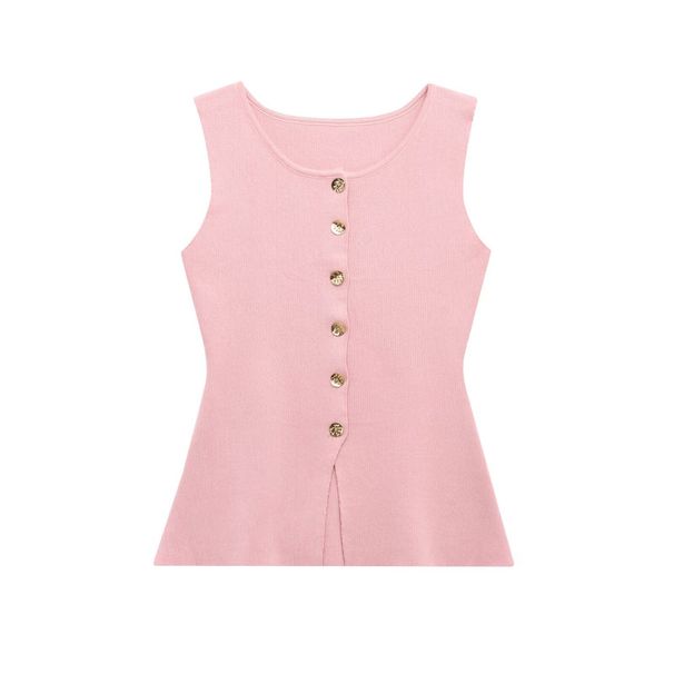 Autumn Gold Button Slim Knit Vest For Women – Streetwear Chic, Stretch Polyester, V-Neck Sleeveless Jacket_ecoleips.com