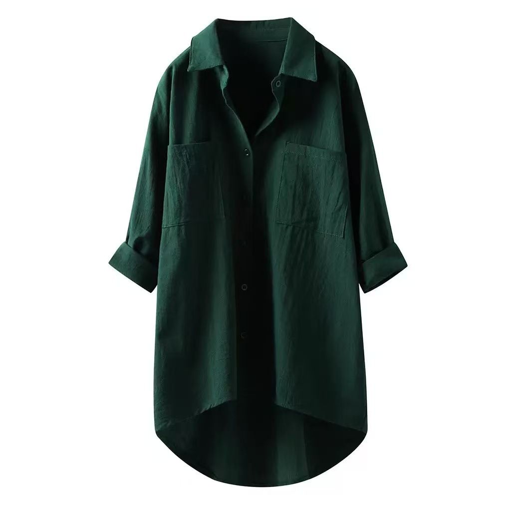 Breathable Linen-Blend Oversized Shirt | Casual Longline Shirt With Two Pockets For Women Versatile Seven-Eighth Sleeves_ecoleips.com