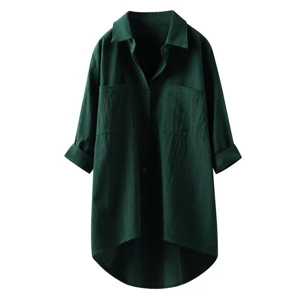 Breathable Linen-Blend Oversized Shirt | Casual Longline Shirt With Two Pockets For Women Versatile Seven-Eighth Sleeves_ecoleips.com