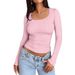 Women's Slim Fit Long Sleeve T-Shirt U-Neck Pullover Top Spring New Style Fashion Women's Clothing Shirt_ecoleips.com