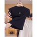 Women's French Style Camellia T-Shirt High Neck Short Sleeve Elegant Versatile Slimming Ice Silk Knit Top For Summer_ecoleips.com