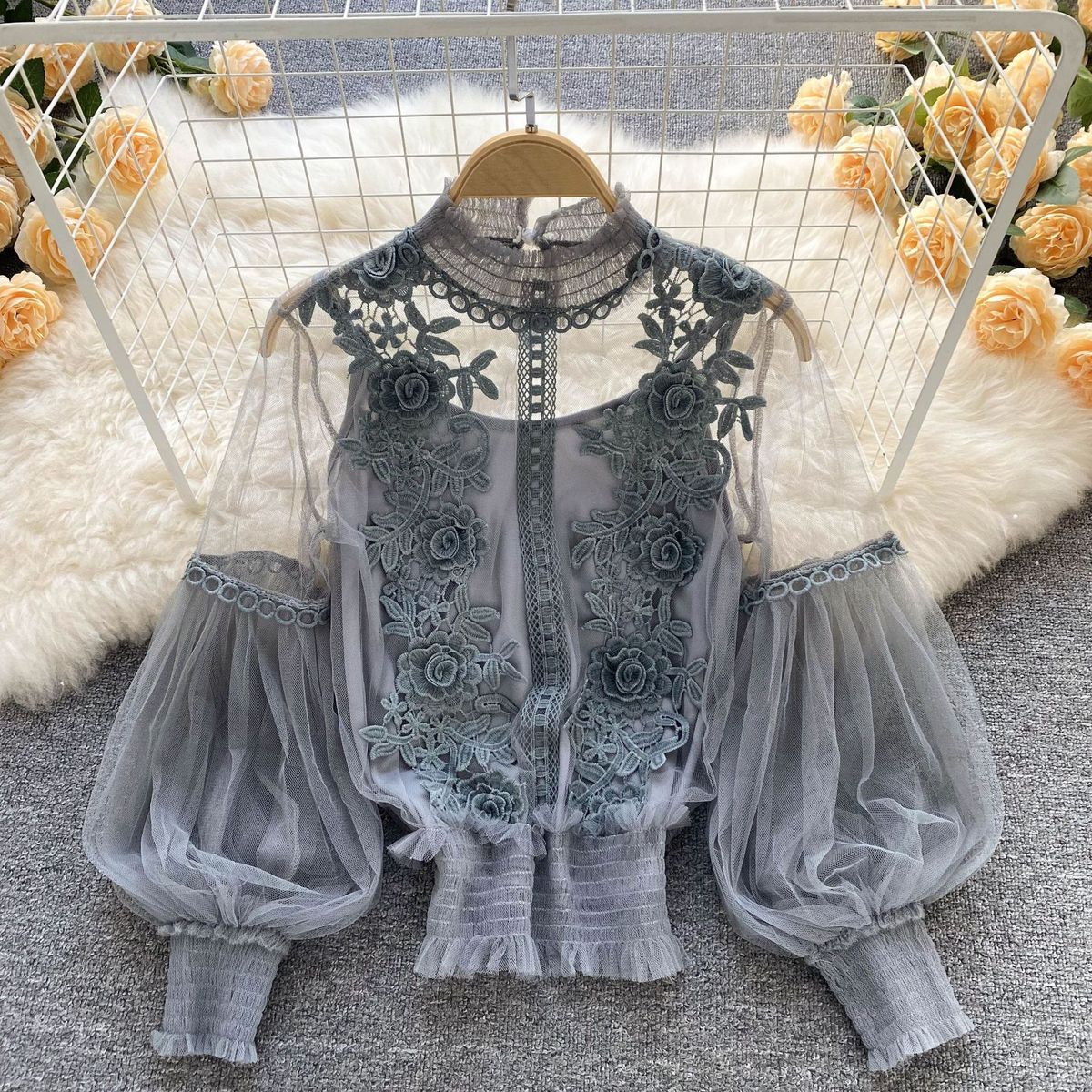 Women's Clothing Lace Base Layer Shirt Slim Fit Crop Top Three Dimensional Floral Patchwork Sheer Mesh Lantern Sleeve Designer Foreign Trade_ecoleips.com