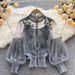 Women's Clothing Lace Base Layer Shirt Slim Fit Crop Top Three Dimensional Floral Patchwork Sheer Mesh Lantern Sleeve Designer Foreign Trade_ecoleips.com