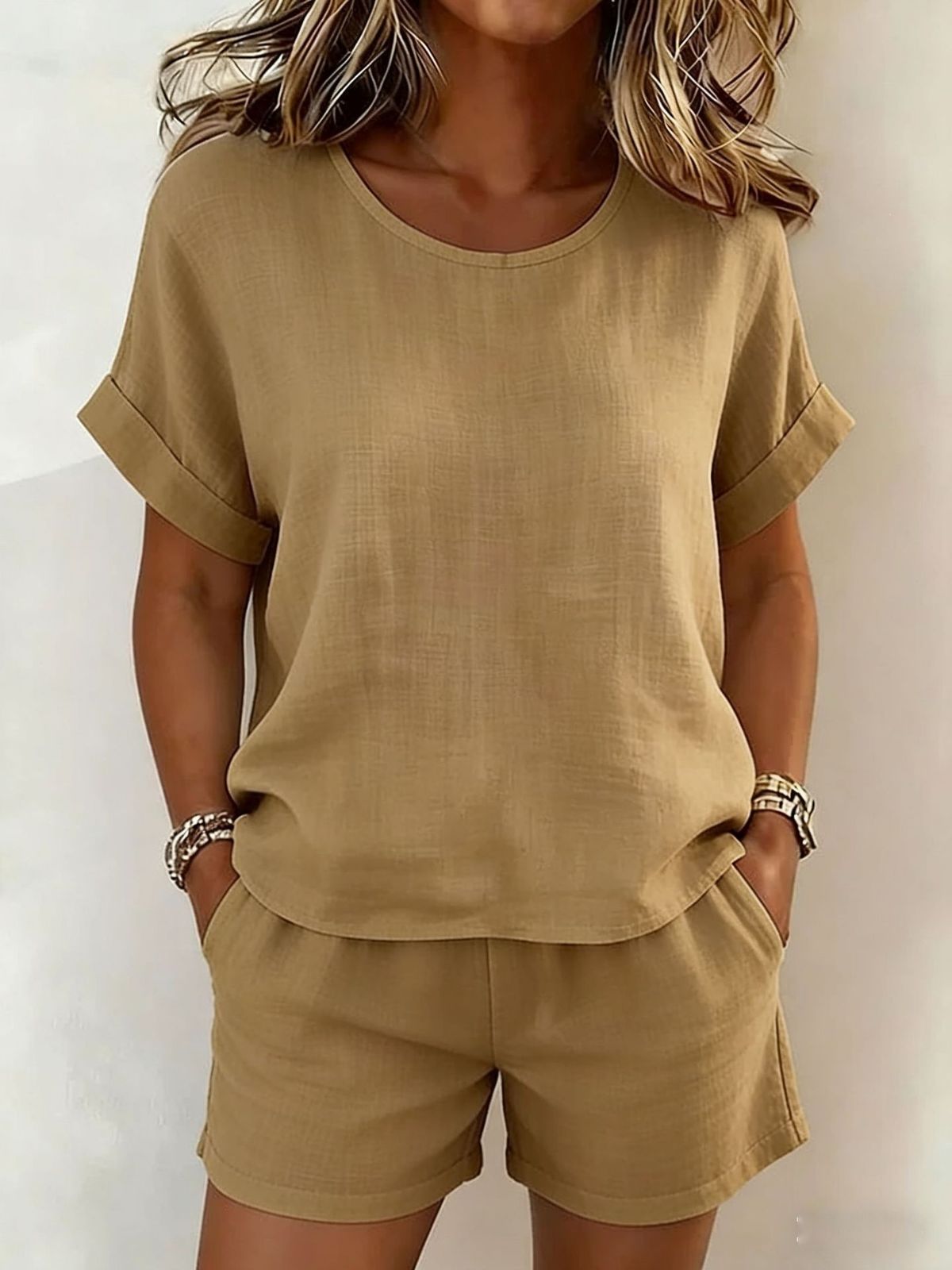 Women's Clothing Women's Solid Color Casual Crew Neck Short Sleeved Shirt And Shorts Two Piece Set For Formal & Casual For Women_ecoleips.com