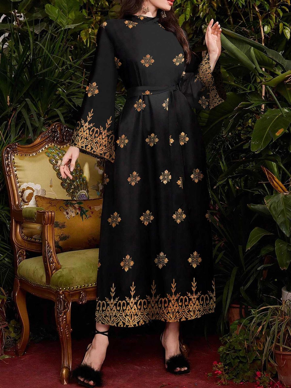 Women's Clothing Fashion Black Printed Long Sleeved Dress For Women Long Spring And Autumn Waist Temperament Slim To Ankle Long Dress_ecoleips.com