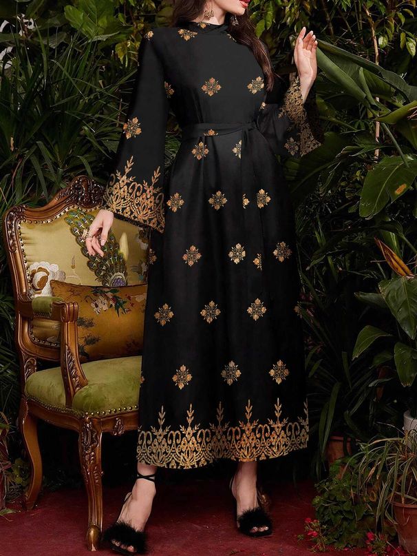 Women's Clothing Fashion Black Printed Long Sleeved Dress For Women Long Spring And Autumn Waist Temperament Slim To Ankle Long Dress_ecoleips.com