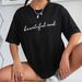 Women's Casual Black Loose Fitting T-Shirt round Neck Short Sleeve Letter Print Simple Sports Top European American Style_ecoleips.com